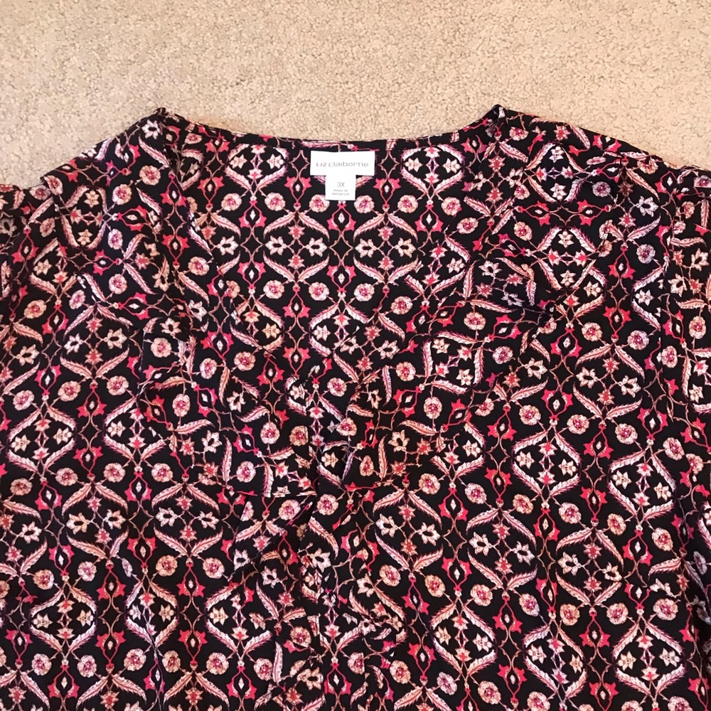 Liz Claiborne V Neck Floral Blouse Size 3X Ruffle Neckline Easy Care Office - Picture 6 of 9